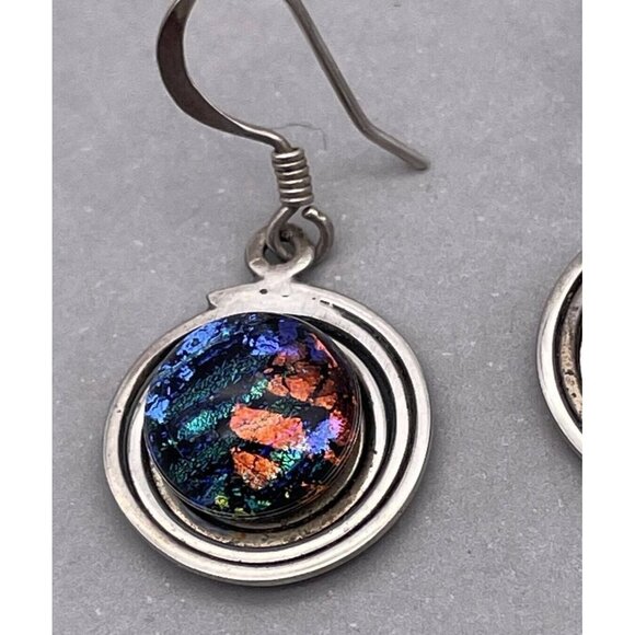 925 Sterling Silver Round Dichroic Glass Dangle Drop Earring Hook Closure - Picture 7 of 11